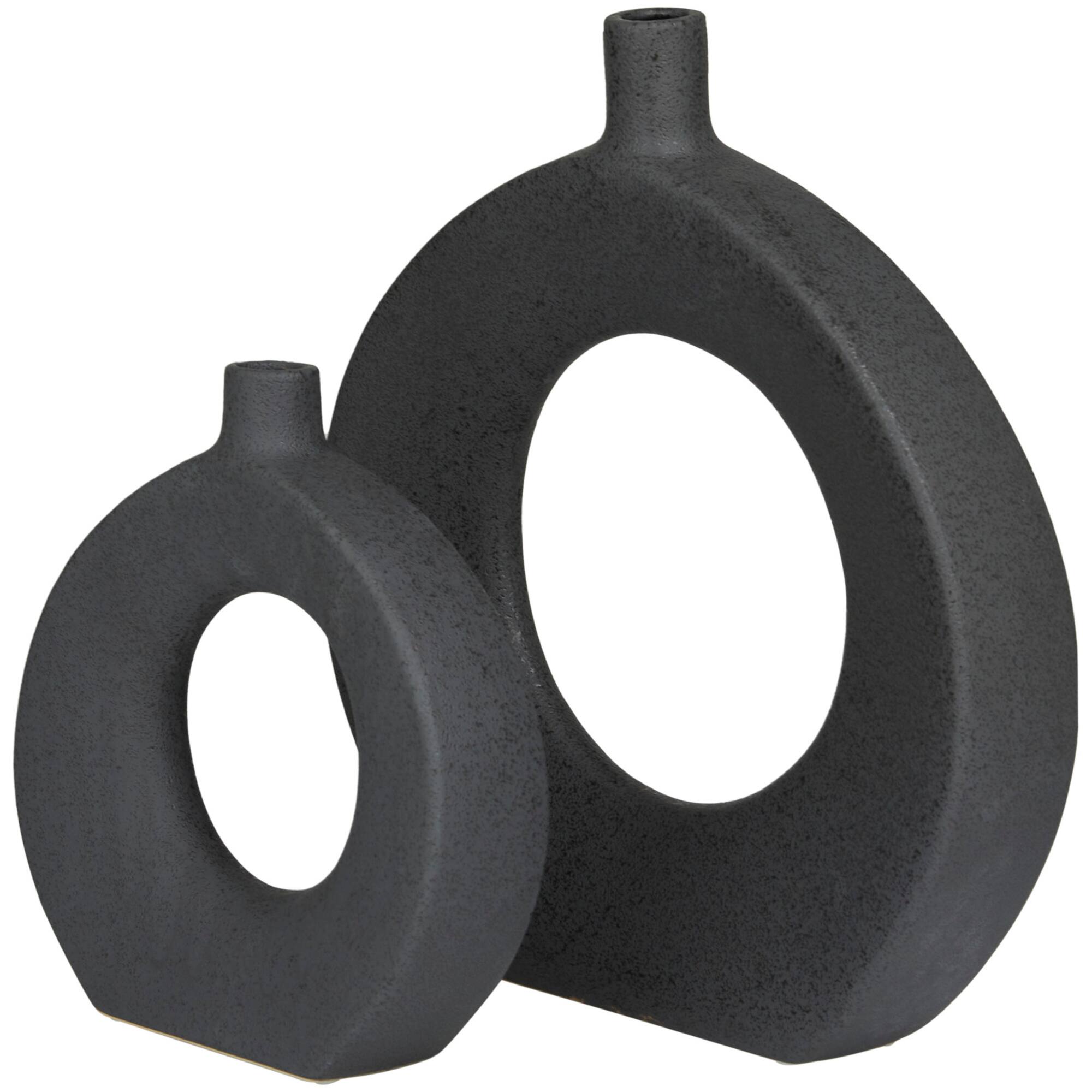 CosmoLiving by Cosmopolitan Black Ceramic Round Donut Shaped Vase Set of 2 15", 10"
